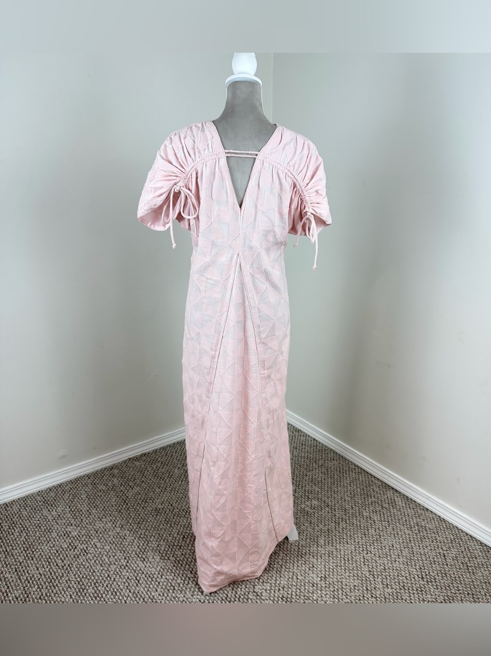 Mirth Bordeaux Caftan Rosa Maxi Dress M Jacquard Pink Cotton V-Back Tie $398 - Picture 10 of 16